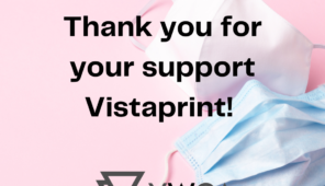 An image with a pink background and two masks on the right side. There is text in black font 'thank you for your support Vistaprint'. Centered in the middle is a logo of YWCA Canada with its classic three triangle overlap logo.